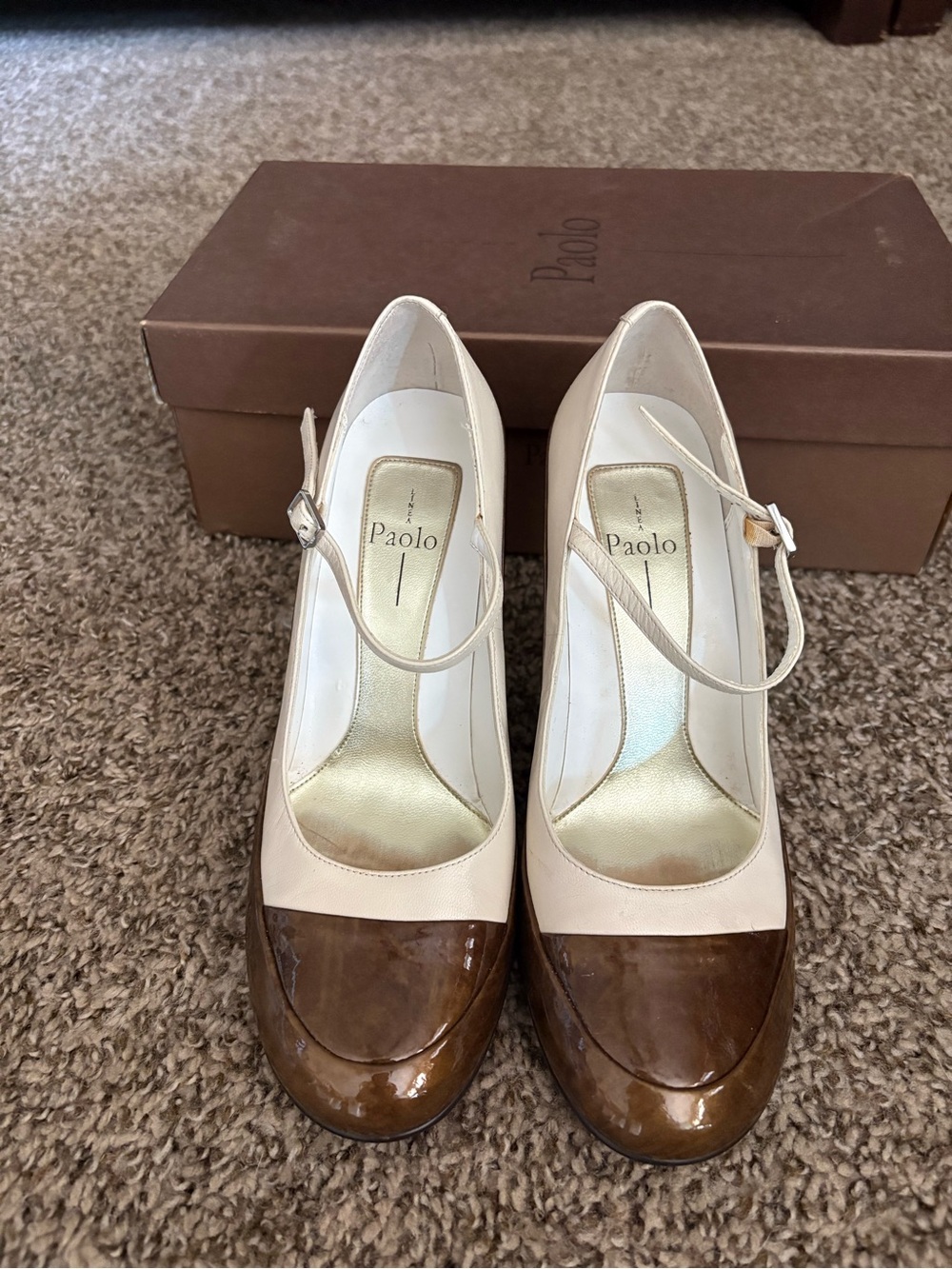 Paolo Two-Tone Mary Jane Heels in Cream and Brown